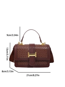 Brown woven texture handbag with gold buckle and adjustable strap, 21x8x13cm size