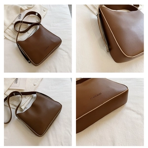 Detailed views of a dark brown leather crossbody bag with vintage minimalist square design