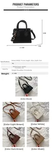 Detailed size chart and multi-color selection for a minimalist PU leather mini crossbody bag