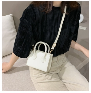 Minimalist white square PU leather mini handbag with gold hardware on female model