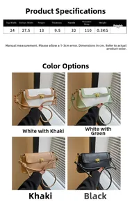 Detailed size specification and color options for the vintage PU leather baguette bag