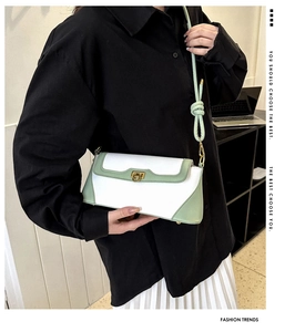 Detail of white and mint green baguette bag with golden clasp worn by a model