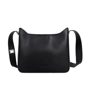 Minimalist black leather underarm shoulder bag with curved top and metal buckle