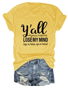 Detail of ginger yellow crewneck T-shirt with black letter print and cuffed sleeves