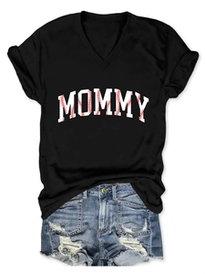 Detail of V-neck T-shirt with MOMMY print and baseball texture on white background