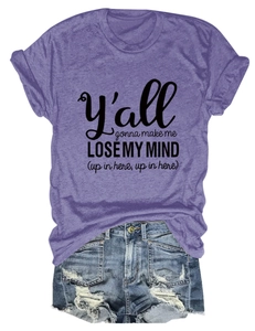 Detail of purple cotton blend tee with text print and distressed denim shorts set