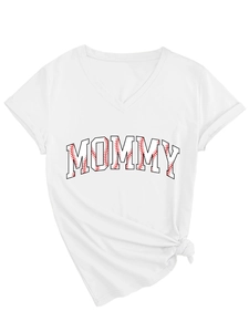 Close-up of V-neck white T-shirt with MOMMY print and baseball stitch detail