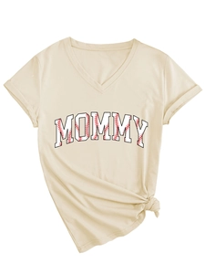 Detail of V-neck beige T-shirt featuring MOMMY baseball stitch print and front knot hem