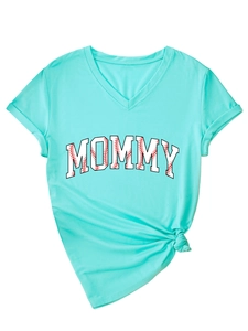 Close-up of mint green V-neck T-shirt featuring MOMMY baseball stitch print and side knot