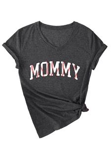 Detail of grey V-neck T-shirt showing MOMMY print with baseball stitch texture and side knot