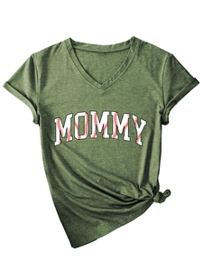 Detail of army green V-neck T-shirt with MOMMY baseball stitch print and knotted hem