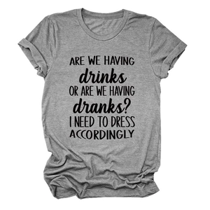 Detail of grey crewneck t-shirt featuring black 'Are We Having Dranks' slogan print