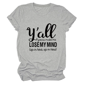 Detail of grey cotton T-shirt featuring black printed song lyric graphic and crew neck