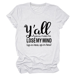 Detail of white cotton T-shirt featuring black printed slogan with round neckline