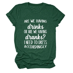 Detail of dark green t-shirt showing rolled sleeve cuffs and funny slogan print
