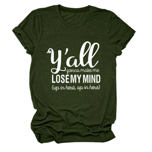 Detail of dark green cotton T-shirt featuring white lyric print and rolled-up sleeves