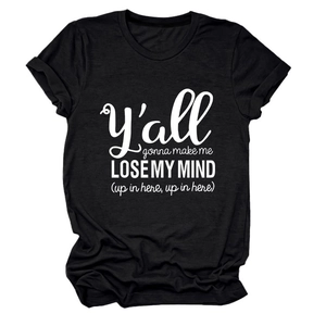Detail of white printed text on black cotton crew neck t-shirt for casual wear
