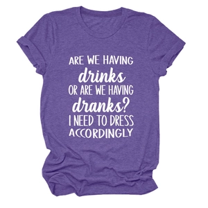 Detail of purple cotton blend t-shirt with Are We Having Drinks letter printing