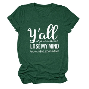 Detail of dark green cotton T-shirt featuring rolled cuffs and white slogan print