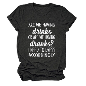 Detail of grey crewneck T-shirt with white humor text print about having drinks