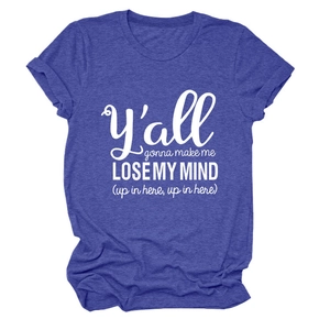 Women's crew neck short sleeve T-shirt in heather blue with white graphic letter print