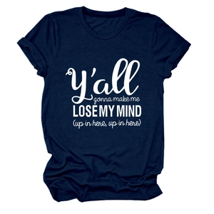 Detail view of the soft navy blue cotton blend fabric and white graphic lettering print