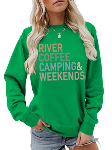 Detail of green River Coffee Camping crewneck sweatshirt with vintage gradient lettering