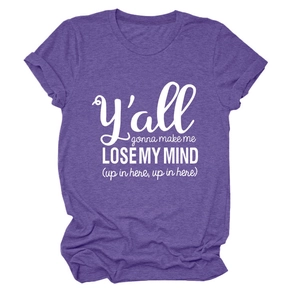 Detail view of heather purple t-shirt featuring white letter print and soft cotton texture