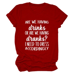 Red cotton crewneck t-shirt with Are We Having Dranks graphic slogan and rolled sleeves