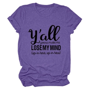 Detail of heather purple cotton t-shirt fabric with black Y'all Gonna Make Me slogan print