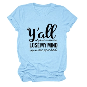 Close-up of sky blue cotton t-shirt featuring bold black slogan print on the front