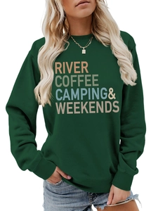 Detail of dark green cotton sweatshirt featuring river coffee camping printed graphics