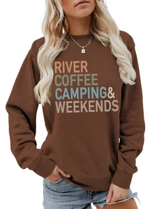 Detail of coffee brown sweatshirt with RIVER COFFEE CAMPING colorful letter print