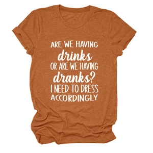 Detailed flat lay of burnt orange crew neck t-shirt with funny white graphic text