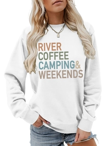 Close-up of River Coffee Camping colorful letter print on white women's sweatshirt