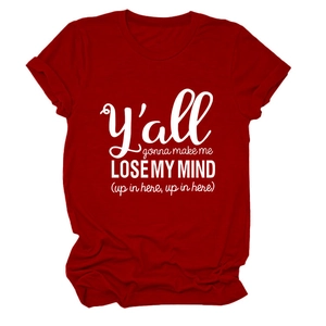 Detail of soft cotton crew neck t-shirt in dark red with white graphic letter print