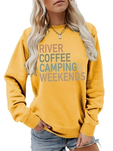 Detail of yellow round neck sweatshirt featuring River Coffee Camping stacked typography