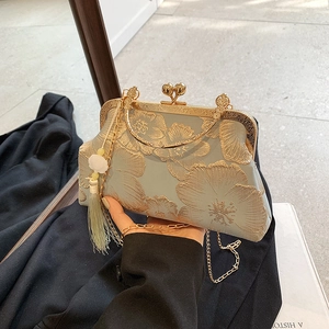 Vintage light blue silk handbag with gold floral embroidery and metallic chain strap