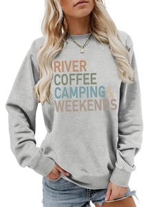Detail of the multi-colored camping typography printed on the gray sweatshirt fabric