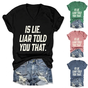 Close-up of V-neck short sleeve t-shirt with slogan print in four available colors