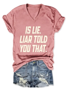 Detail of V-neck short sleeve T-shirt with white letter print and soft fabric texture
