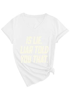 Detail of white V-neck T-shirt with IS LIE slogan print and stylish knotted hem design
