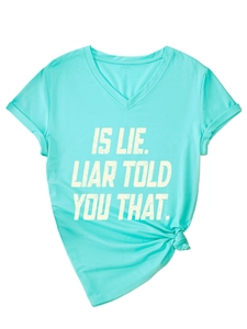 Detail of mint green V-neck T-shirt with front knot hem and IS LIE printed quote