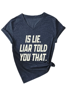 Dark grey V-neck T-shirt with vintage white letter print and trendy knotted hem detail