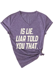 Purple V-neck T-shirt with white slogan print and stylish decorative front knot detail