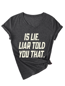 Close-up of charcoal V-neck T-shirt with white slogan print and rolled sleeve detail