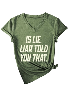 Detail of V-neck dark green heather T-shirt featuring white slogan and front hem knot