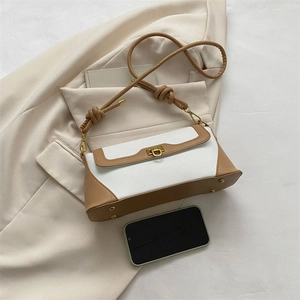 Detail shot of a rectangular bicolor handbag featuring contrast piping and golden hardware