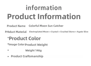 Specifications for moon sun catcher with crystal prisms and agate stone details
