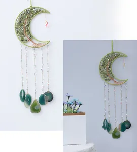 Moon-shaped life tree dreamcatcher with green quartz stones and natural agate slices
